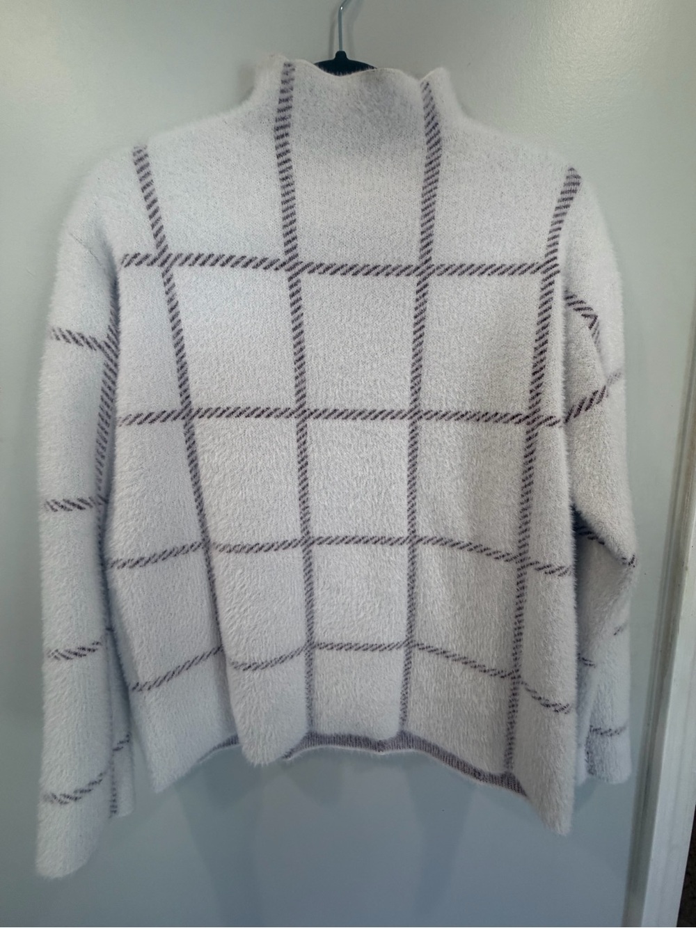 Max Studio Cozy Windowpane Mock Neck Sweater - White fuzzy with burgundy plaid